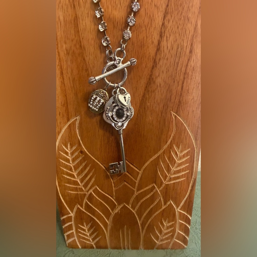 Juicy Couture Key Charm Elegant Long Silver Necklace with Crystal Accents - Picture 2 of 3